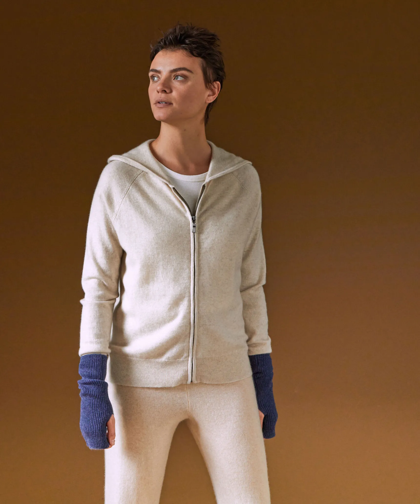 New Rodier Blouson à capuche en cachemire blanc crème