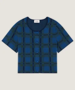 Rodier Chemise courte à carreaux en maille bleu