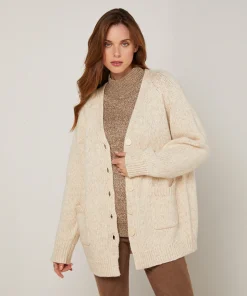New Rodier Gilet oversize ajouré en coton et laine blanc ivoire