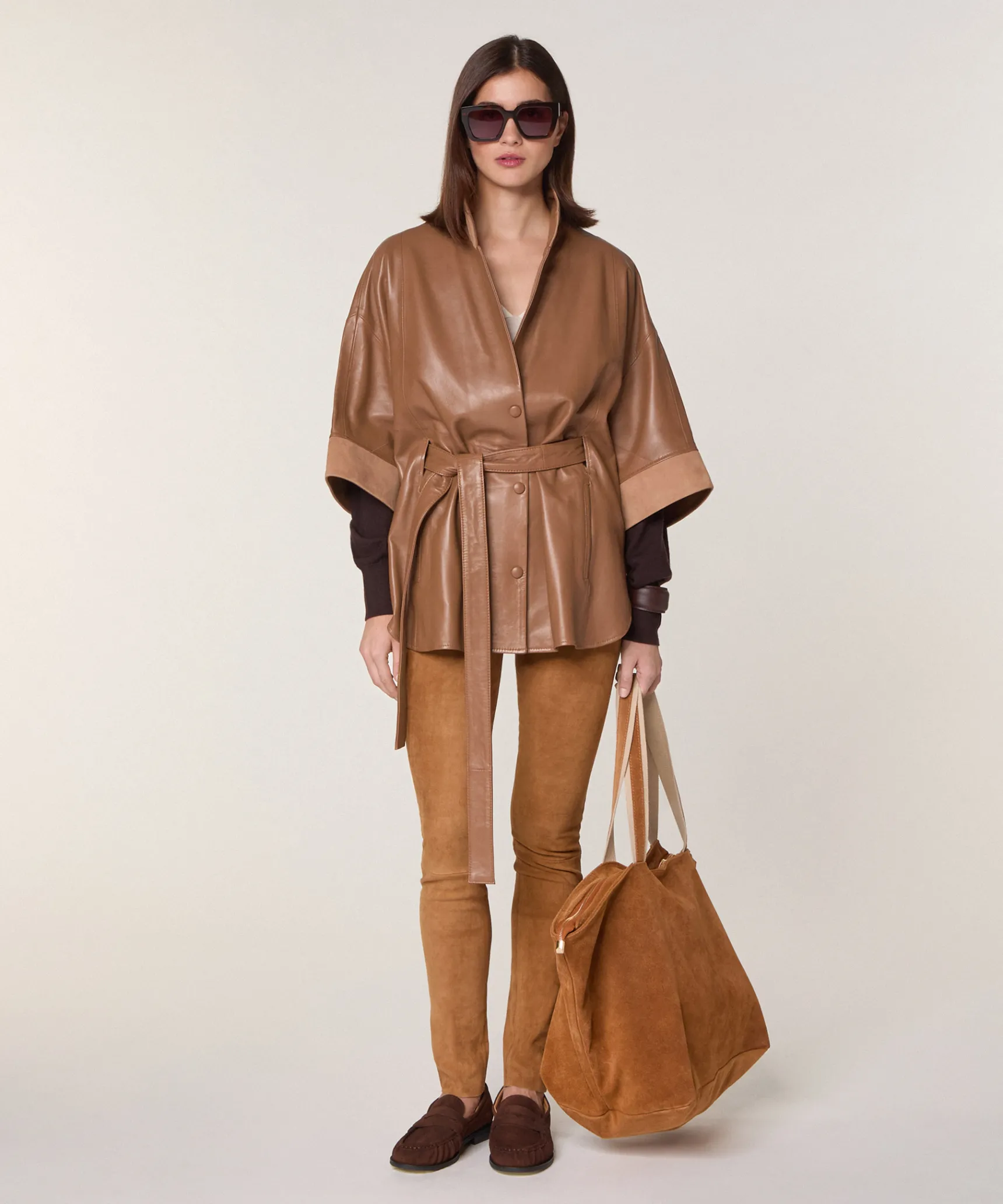 New Rodier Grand sac cabas Lou en cuir velours marron camel