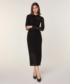 Rodier Jupe longue bi-matière en laine noir