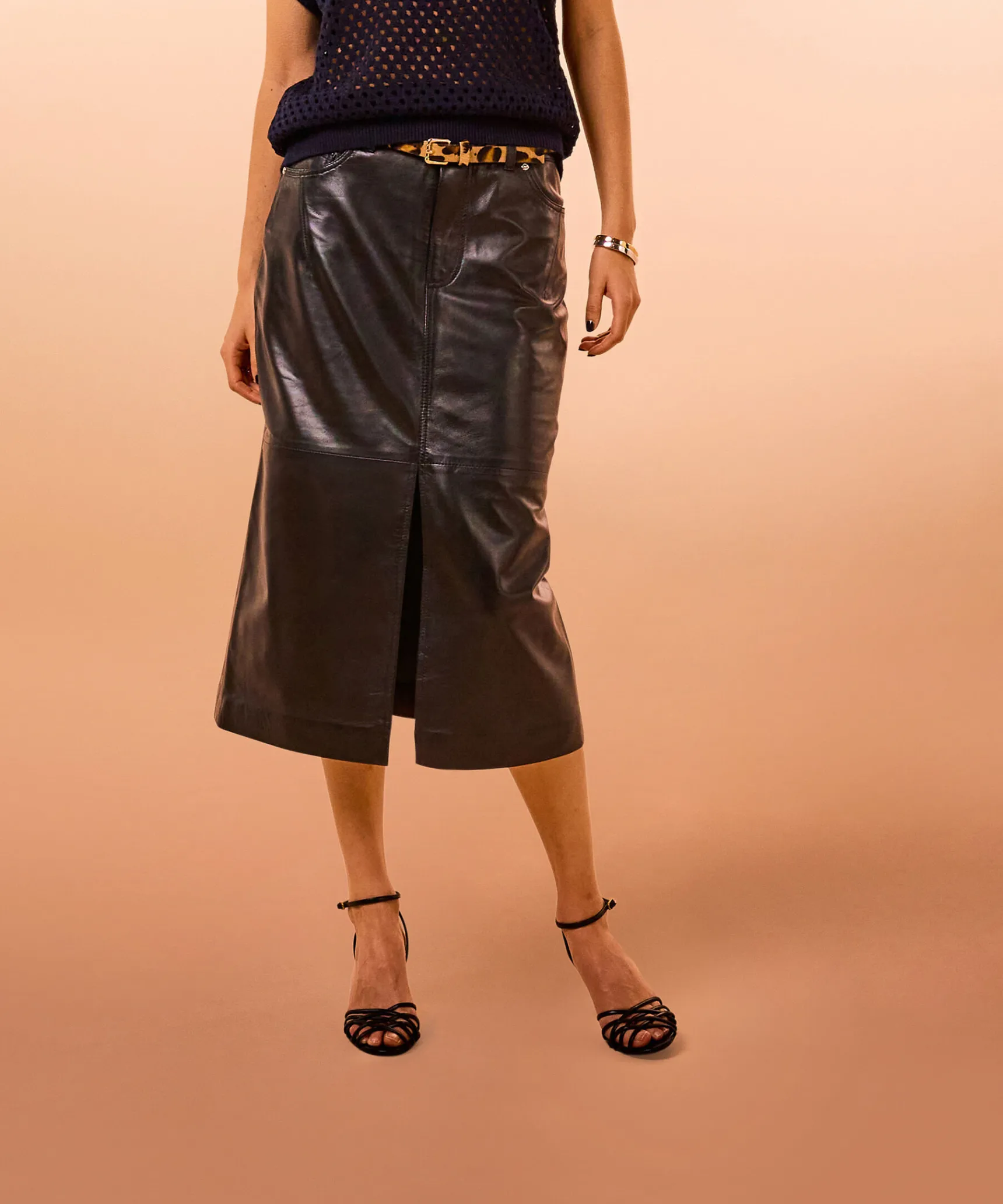 Discount Rodier Jupe longue droite en cuir noire