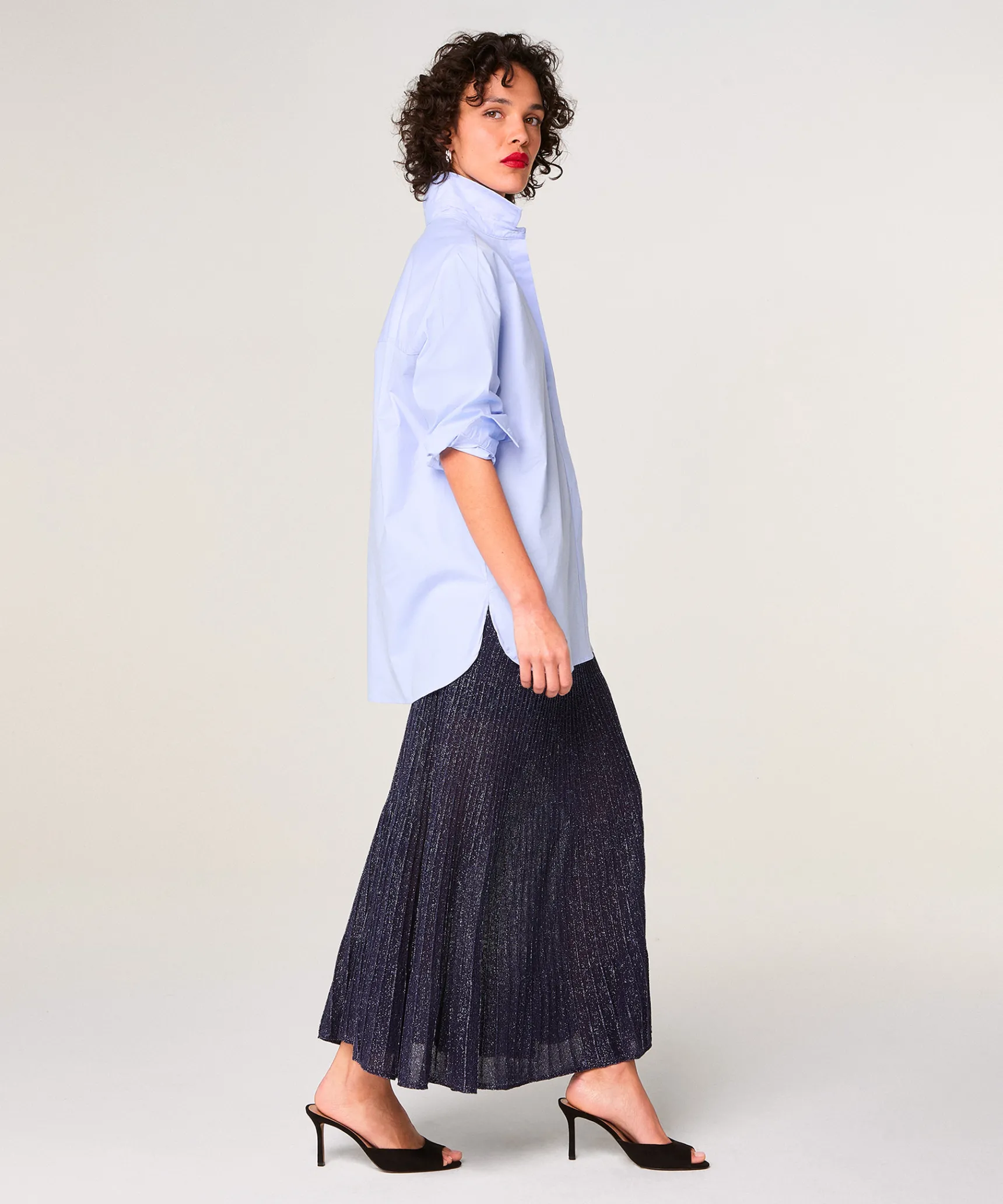 Best Rodier Jupe plissée longue en maille lurex bleu marine