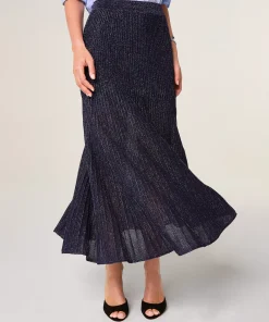 Best Rodier Jupe plissée longue en maille lurex bleu marine