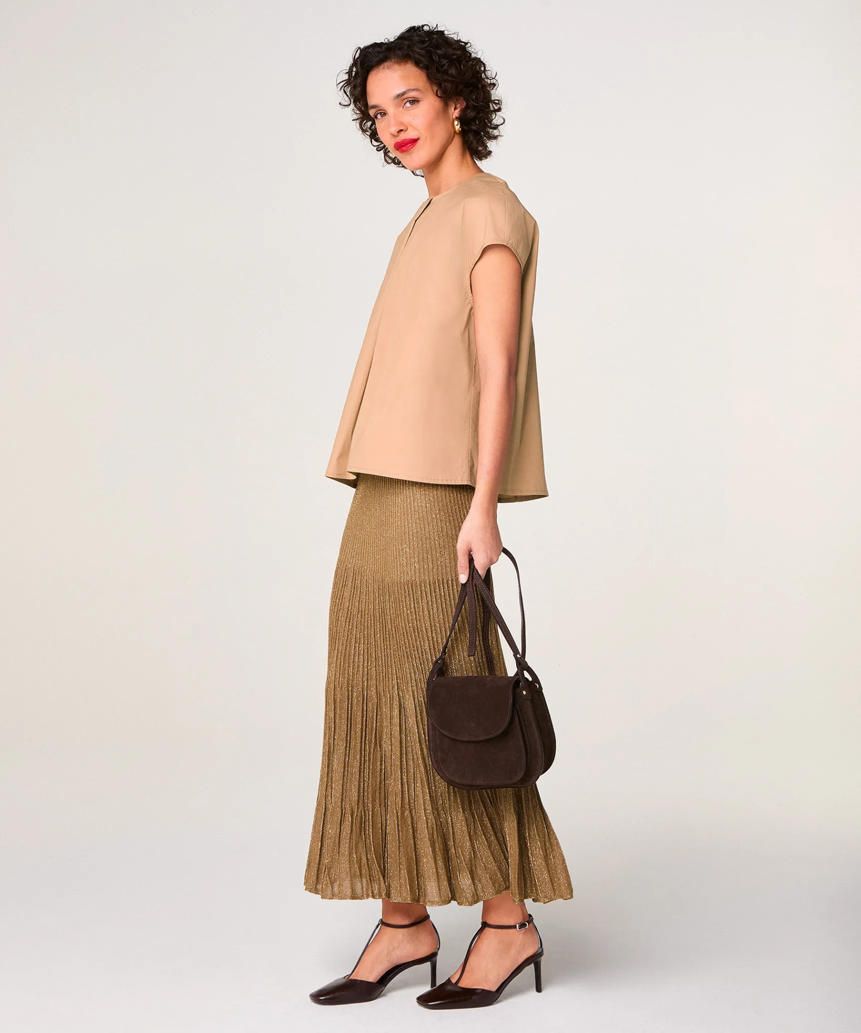 Rodier Jupe plissée longue en maille lurex marron moka
