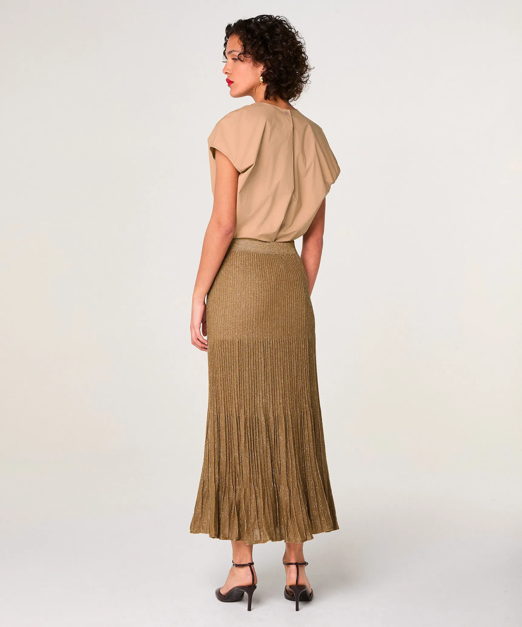 Rodier Jupe plissée longue en maille lurex marron moka