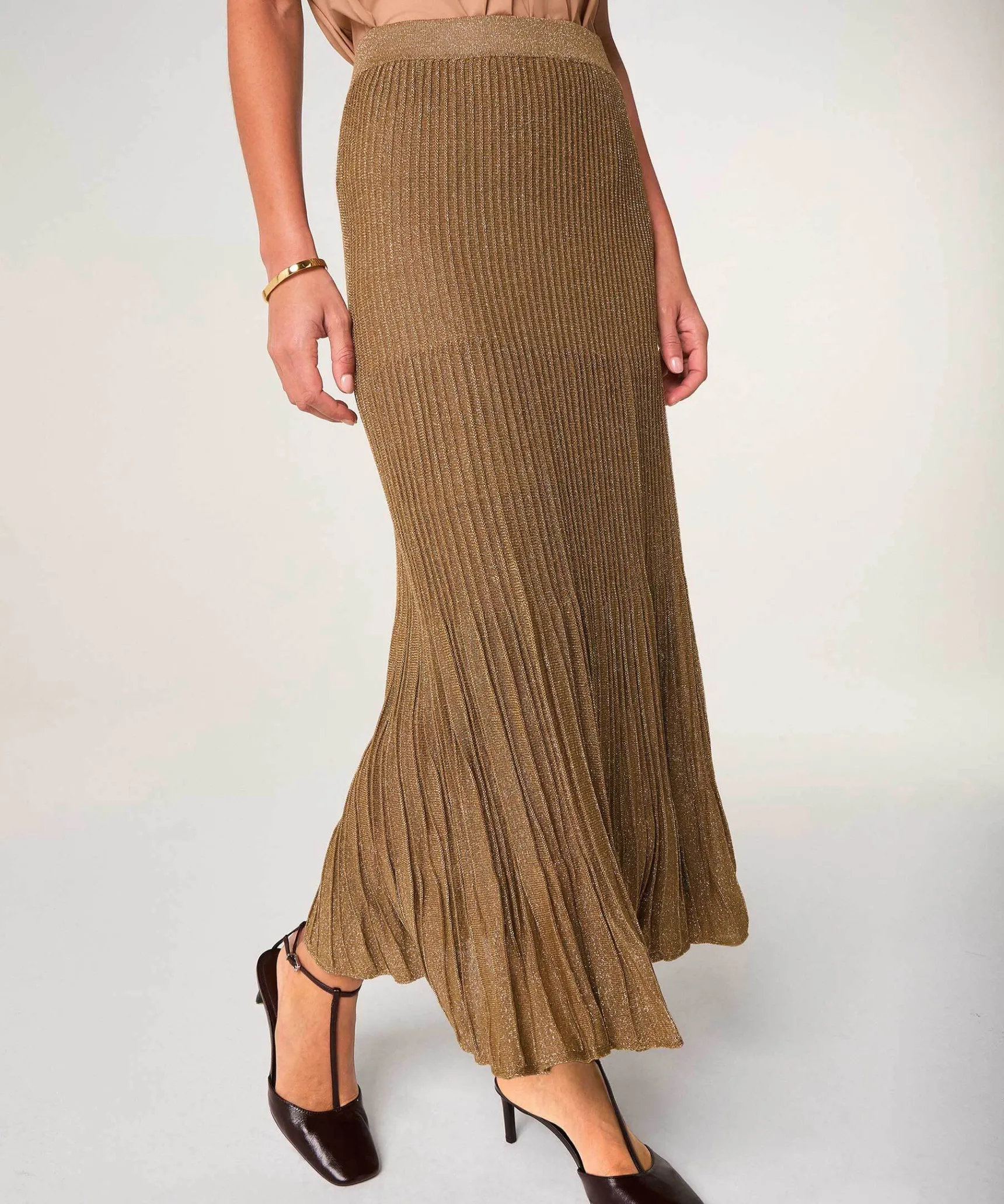 Rodier Jupe plissée longue en maille lurex marron moka