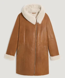 New Rodier Manteau capuche en peau lainée marron camel