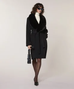 Outlet Rodier Manteau en laine col fausse fourrure noir