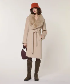 Hot Rodier Manteau en laine col fausse fourrure beige