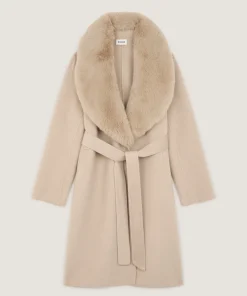 Hot Rodier Manteau en laine col fausse fourrure beige