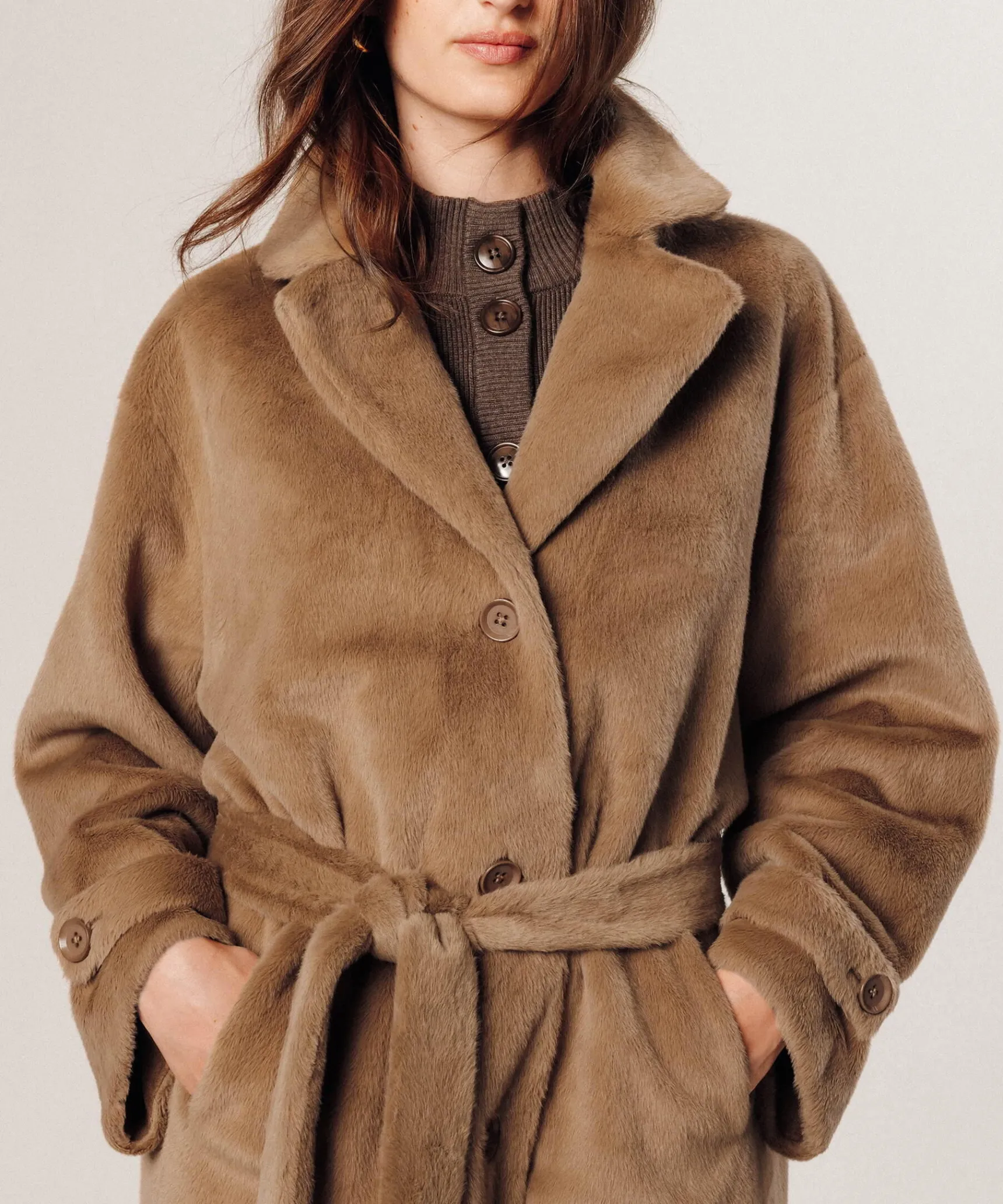 New Rodier Manteau long fausse fourrure marron camel