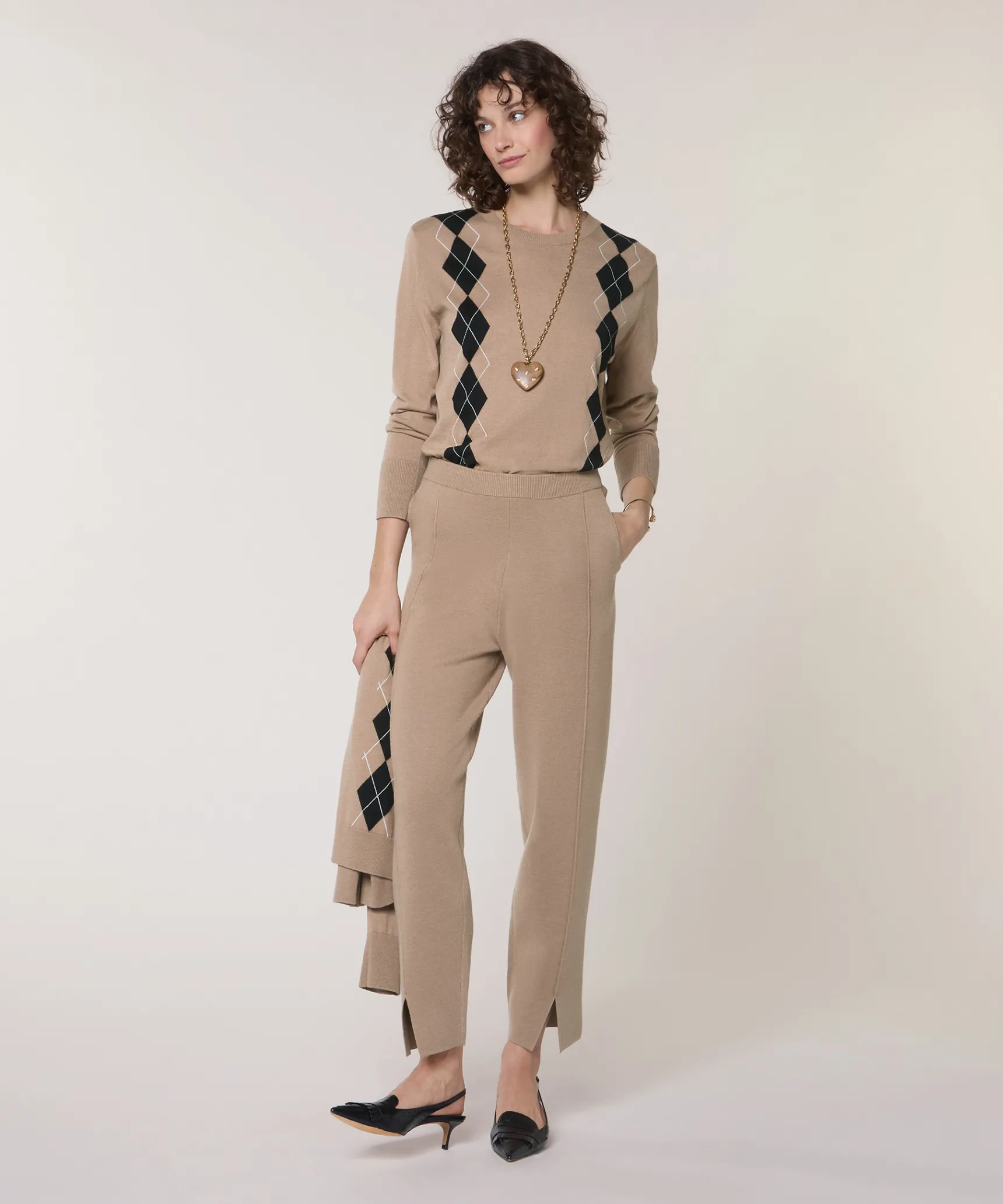 Rodier Pantalon cigarette en maille milano marron moka