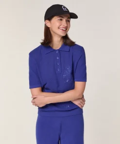 Discount Rodier Polo brodé manche courte en laine mérinos bleu outremer