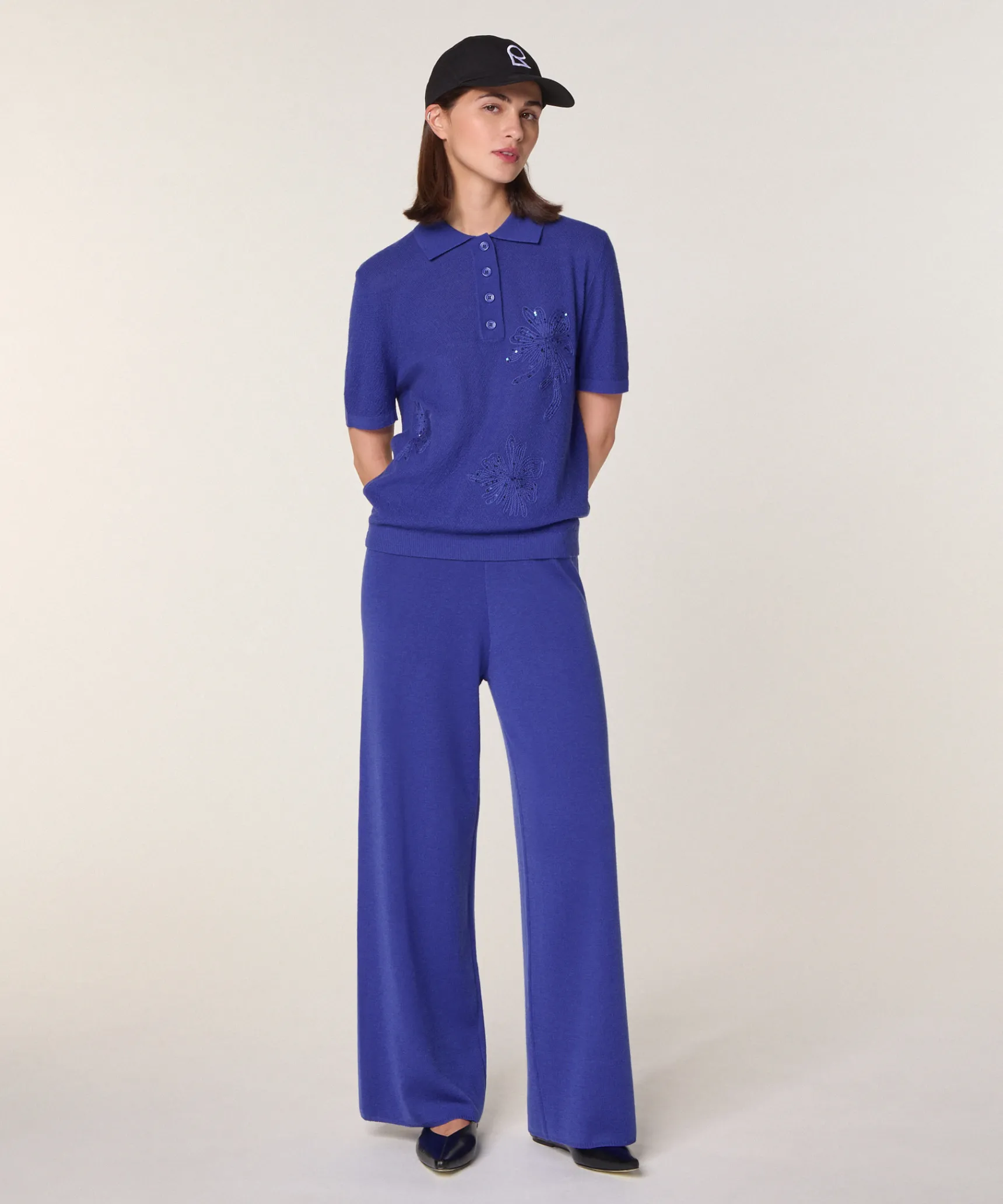 Discount Rodier Polo brodé manche courte en laine mérinos bleu outremer