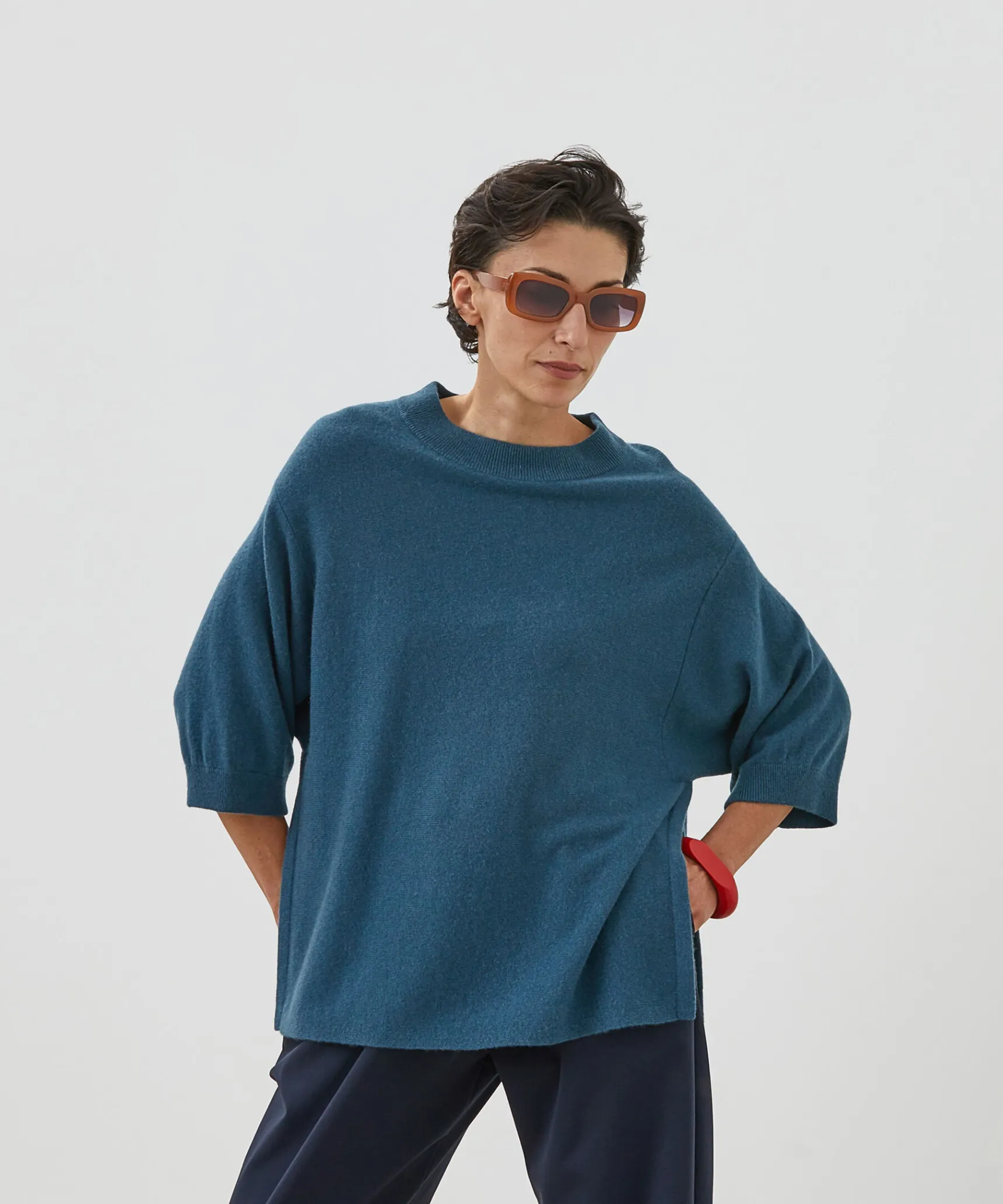 New Rodier Poncho manches 3/4 cachemire bleu