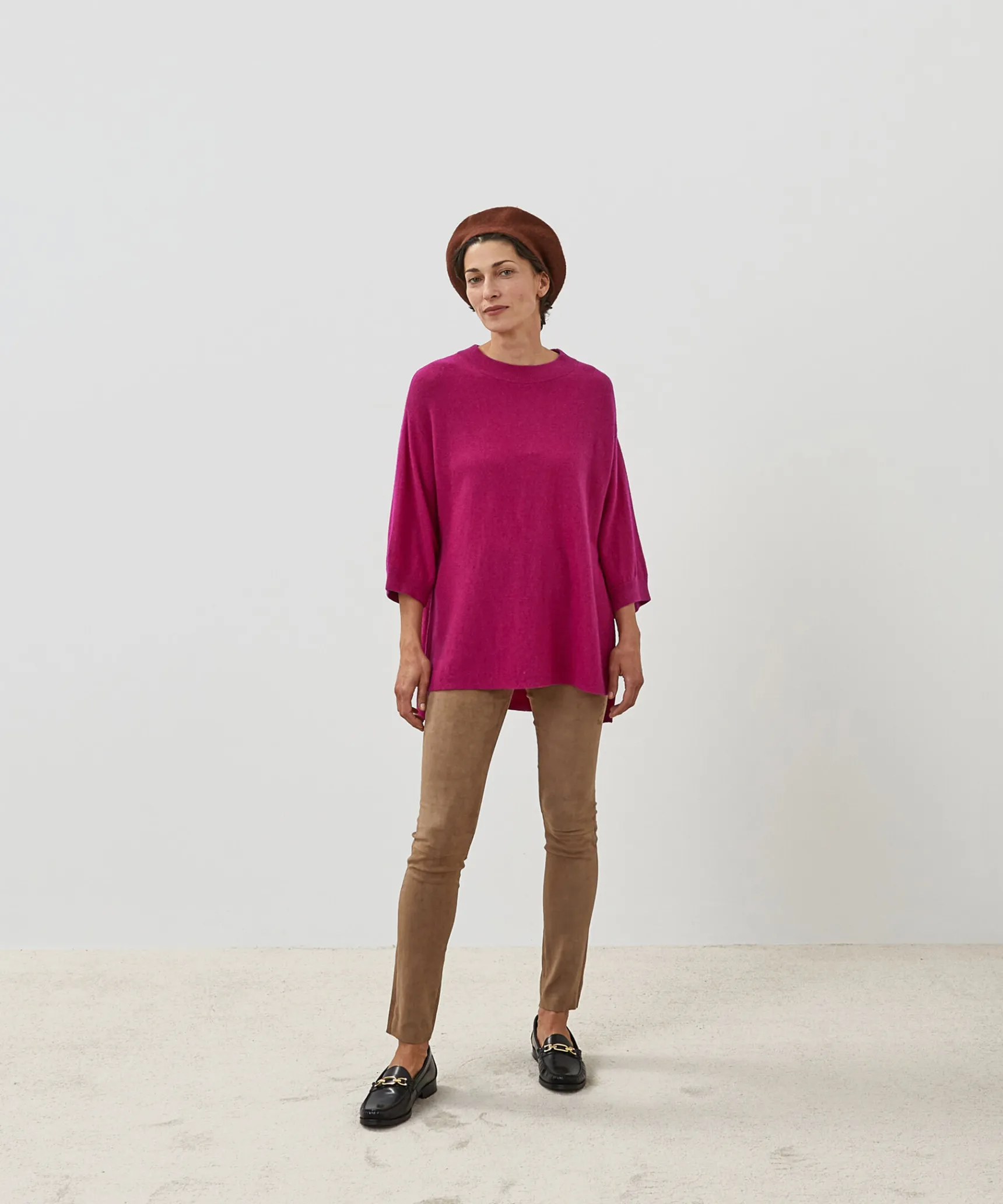 Rodier Poncho manches 3/4 cachemire rose fuschia