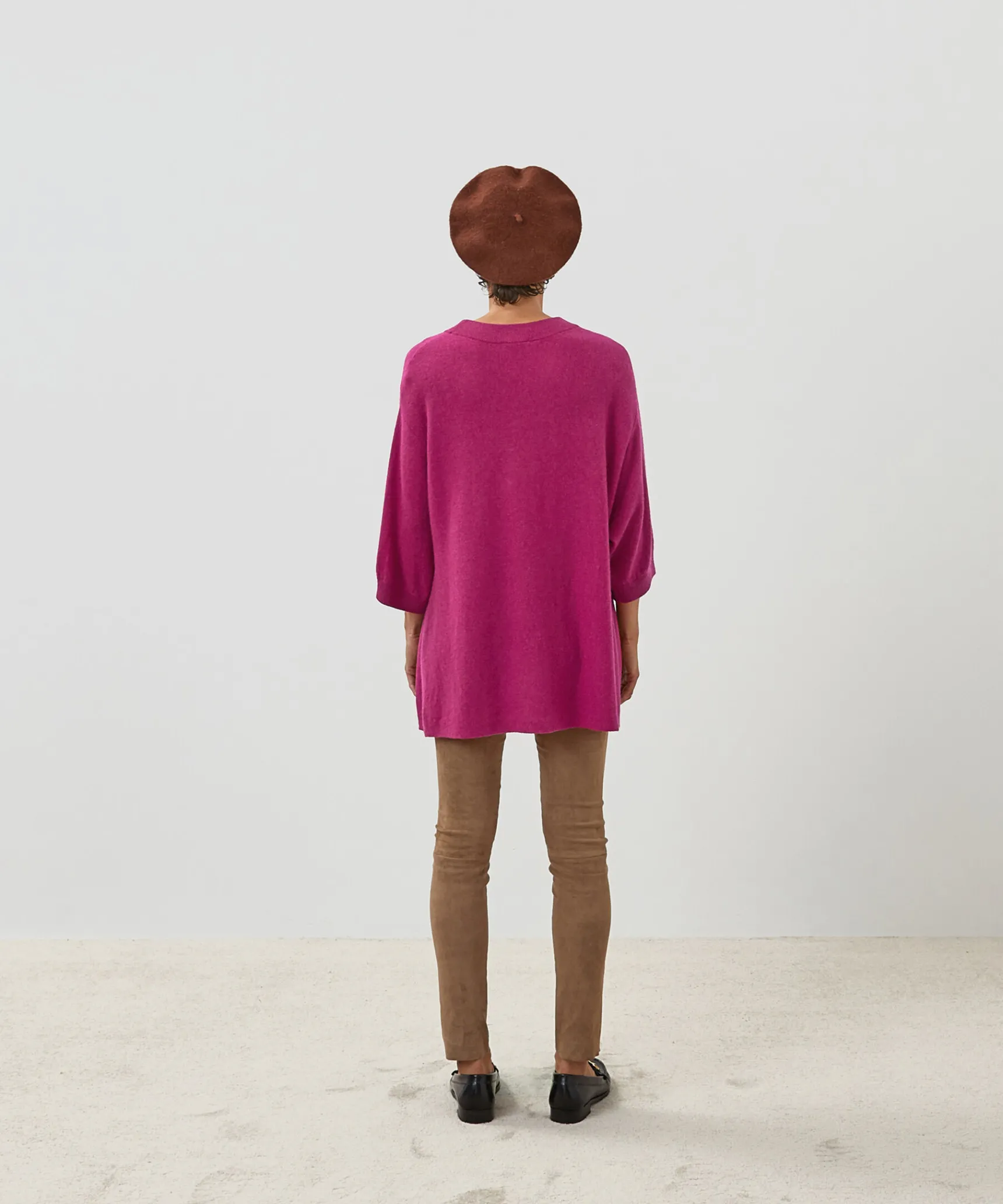 Rodier Poncho manches 3/4 cachemire rose fuschia