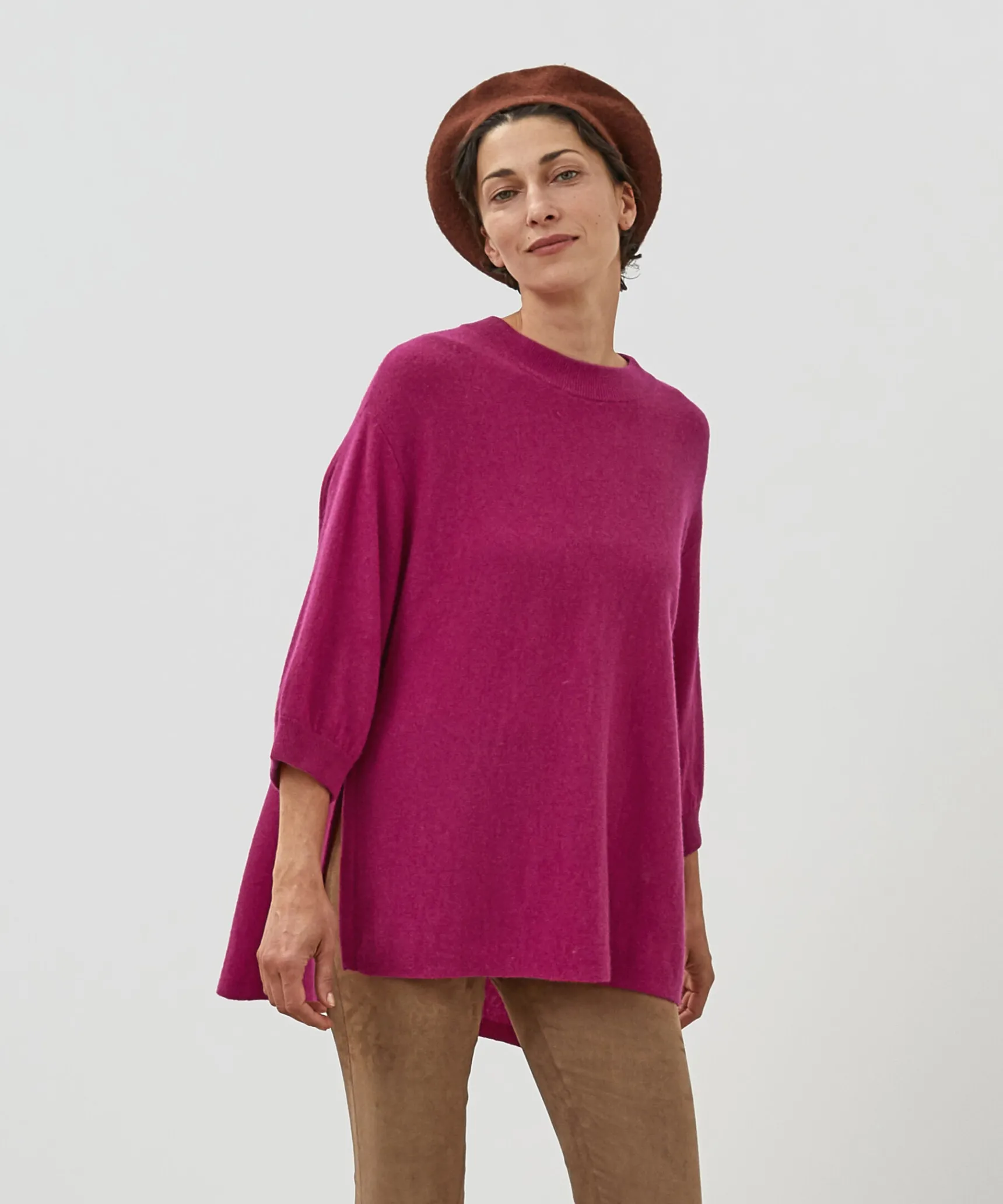 Rodier Poncho manches 3/4 cachemire rose fuschia