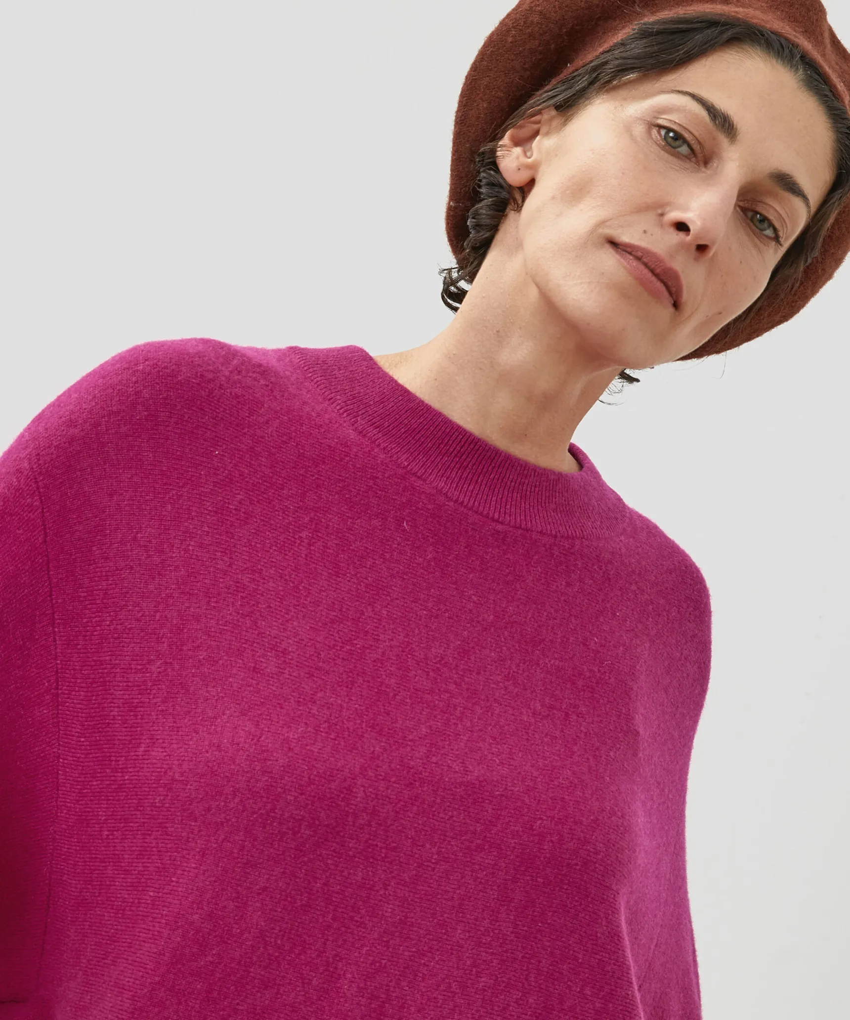 Rodier Poncho manches 3/4 cachemire rose fuschia