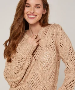 Outlet Rodier Pull ajouré en coton et laine beige ficelle