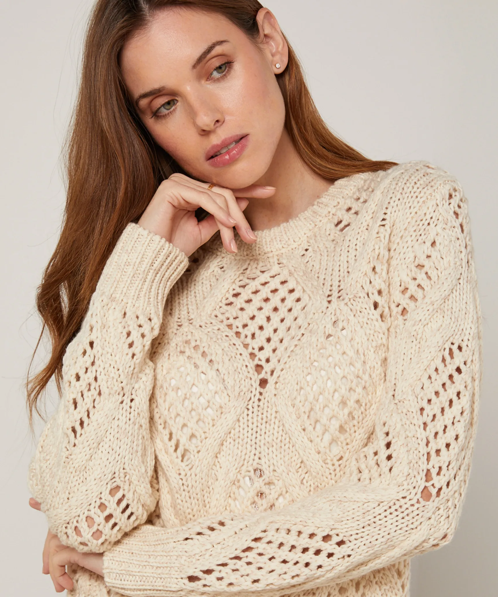 Online Rodier Pull ajouré en coton et laine blanc ivoire