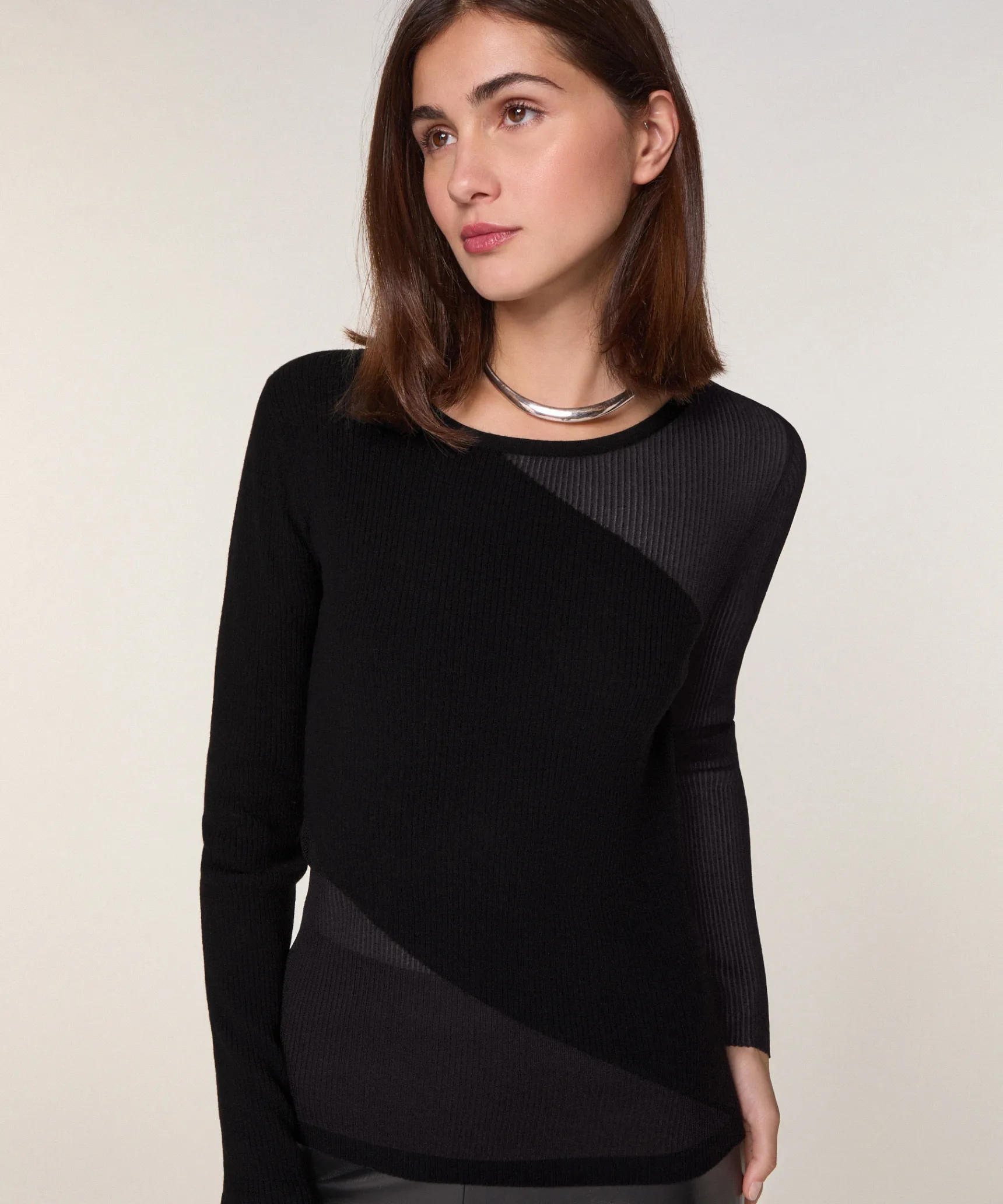 New Rodier Pull bi-matière en laine noir