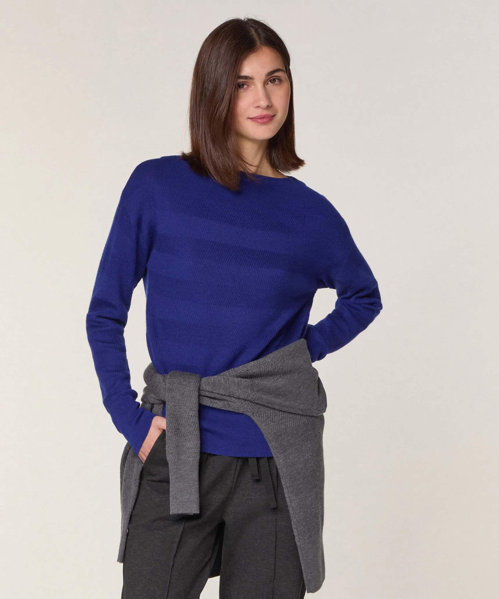 Clearance Rodier Pull col bateau en laine mérinos bleu océan