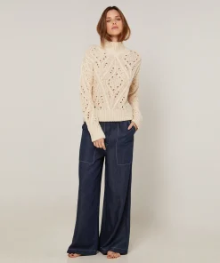 Rodier Pull col montant ajouré en coton et laine blanc ivoire
