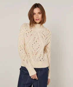Rodier Pull col montant ajouré en coton et laine blanc ivoire