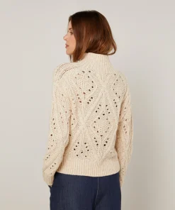 Rodier Pull col montant ajouré en coton et laine blanc ivoire