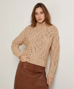 Online Rodier Pull col montant ajouré en coton et laine beige ficelle