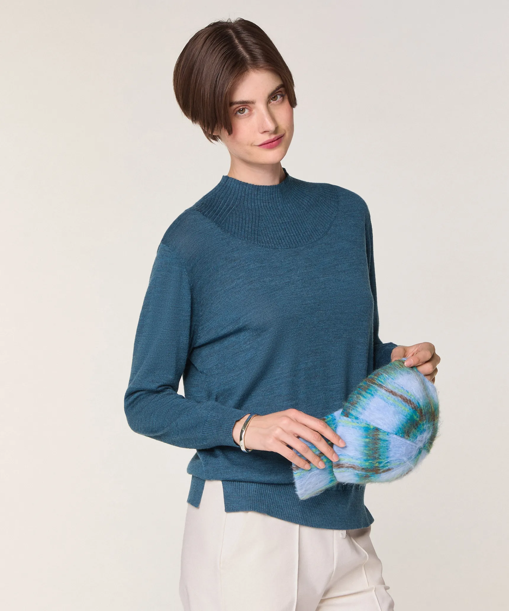 Outlet Rodier Pull col montant en laine mérinos bleu denim