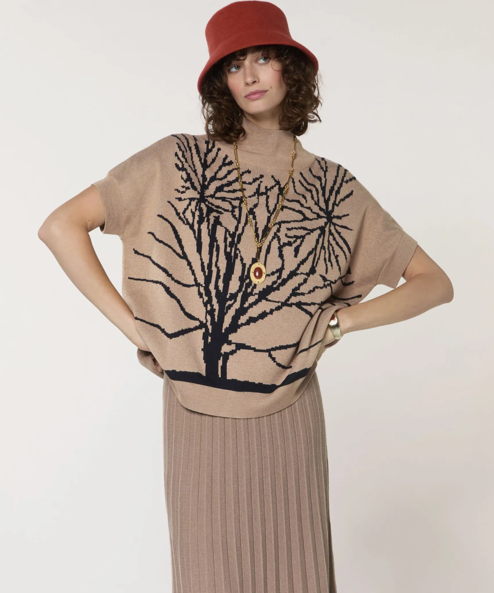 Best Rodier Pull col montant jacquard marron moka