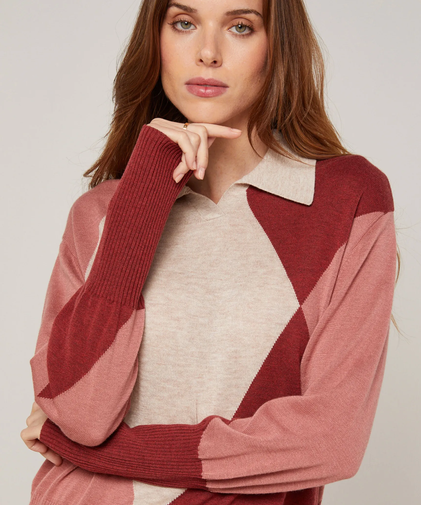 Rodier Pull col polo colorblock beige