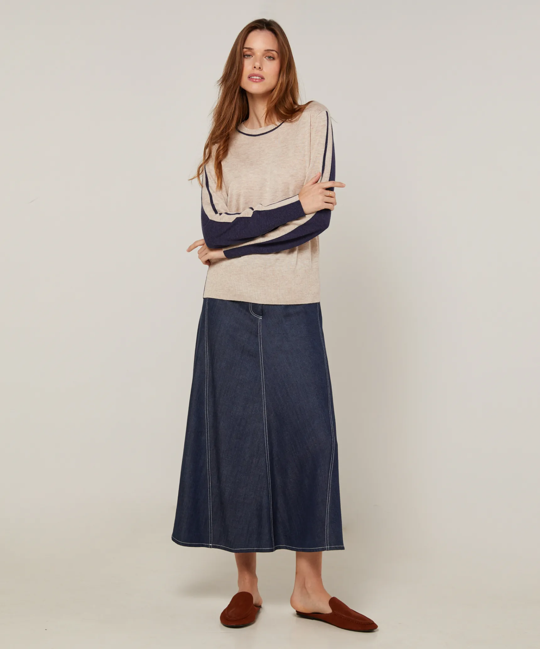Hot Rodier Pull col rond bicolore beige