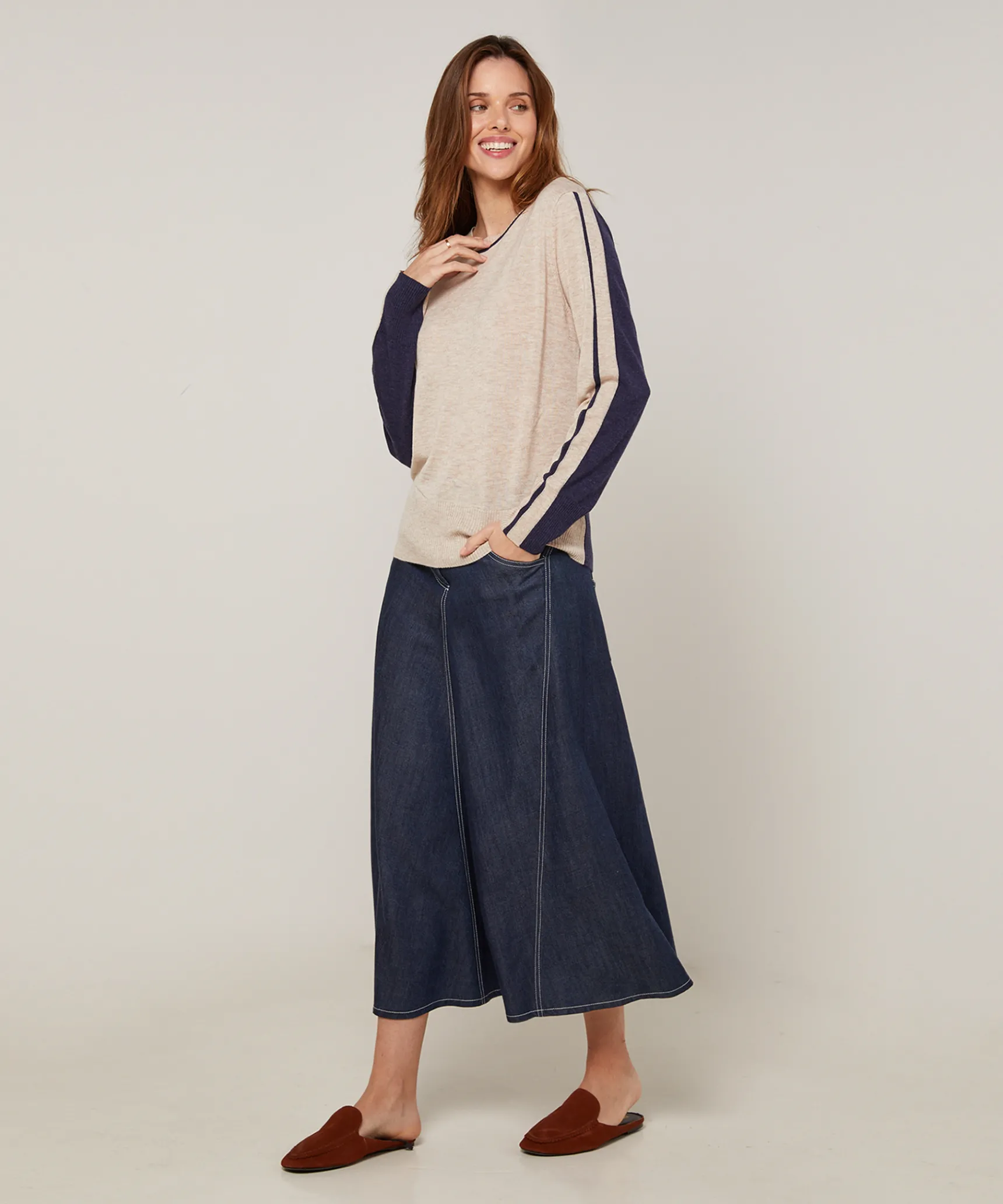 Hot Rodier Pull col rond bicolore beige