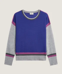Rodier Pull col rond color block en laine mérinos bleu outremer