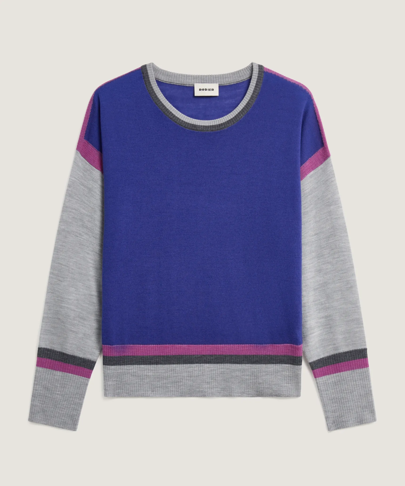 Rodier Pull col rond color block en laine mérinos bleu outremer