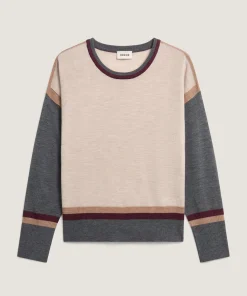 Clearance Rodier Pull col rond color block en laine mérinos blanc écru