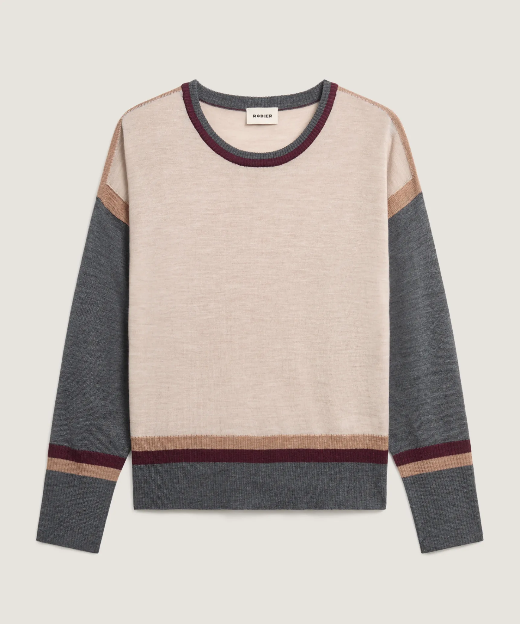 Clearance Rodier Pull col rond color block en laine mérinos blanc écru