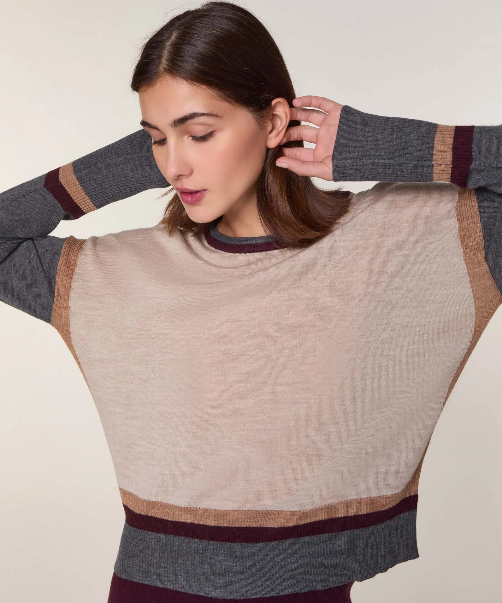 Clearance Rodier Pull col rond color block en laine mérinos blanc écru