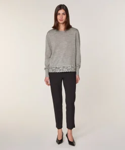 Clearance Rodier Pull col rond dentelle en laine gris foncé