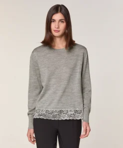 Clearance Rodier Pull col rond dentelle en laine gris foncé