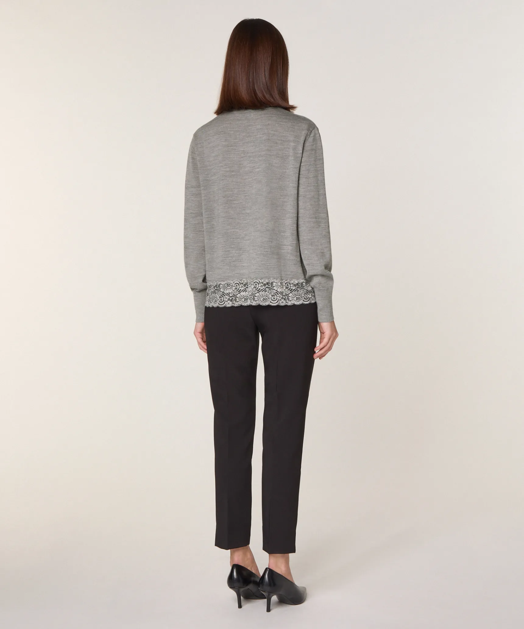 Clearance Rodier Pull col rond dentelle en laine gris foncé