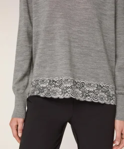 Clearance Rodier Pull col rond dentelle en laine gris foncé