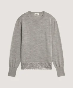 Clearance Rodier Pull col rond dentelle en laine gris foncé