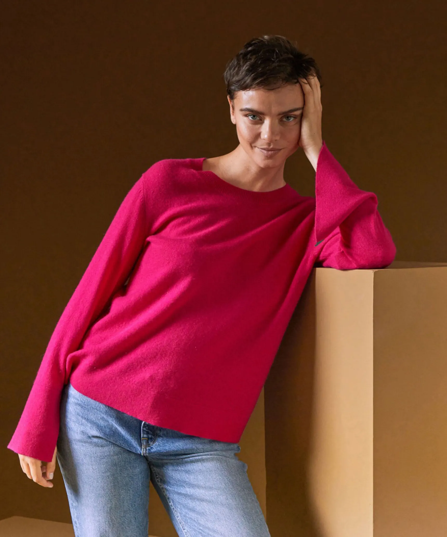 Hot Rodier Pull col rond en cachemire rose tonique