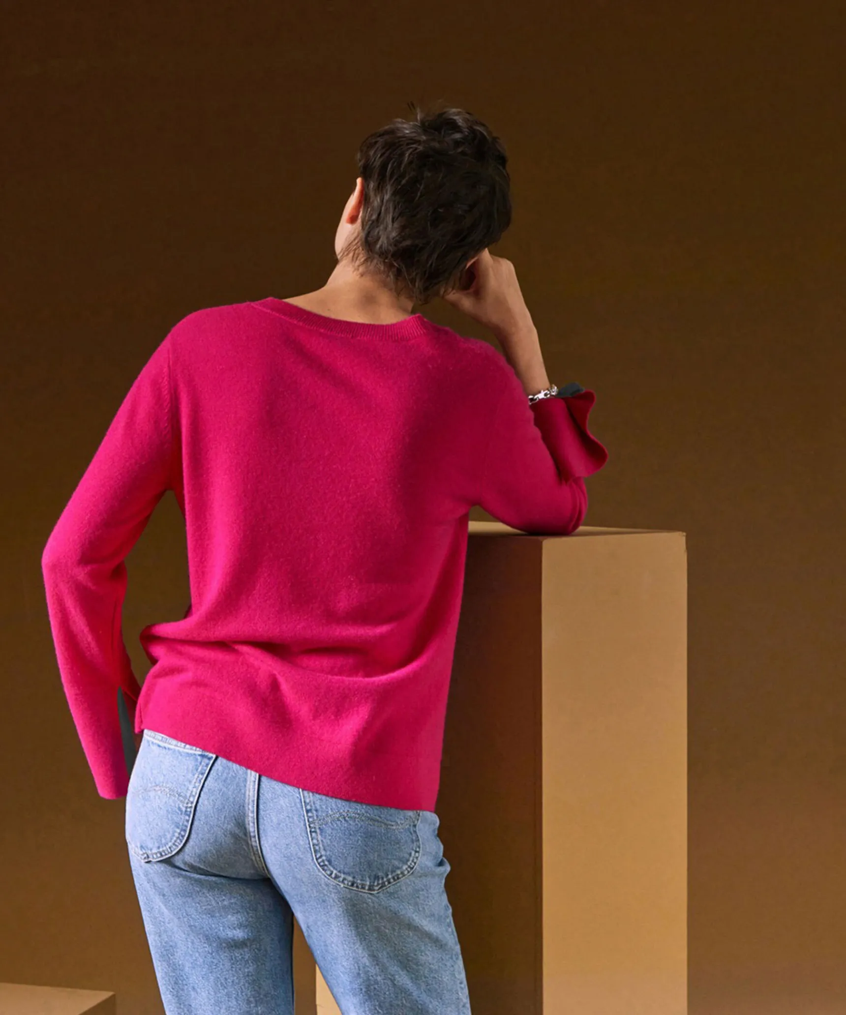Hot Rodier Pull col rond en cachemire rose tonique