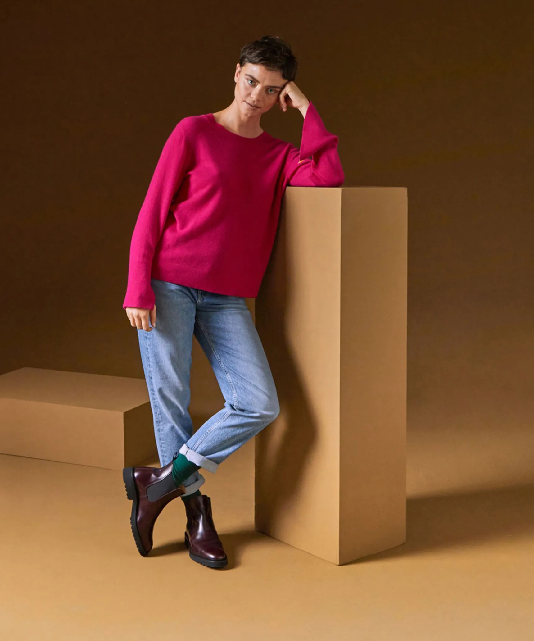Hot Rodier Pull col rond en cachemire rose tonique